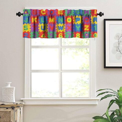 Alphabet ABC Kitchen Curtain Valance, Colors Cartoon Style ABC Alphabet Kid Rod Pocket Window Valance, for Bedroom Living Room Cafe Bathroom 1 Panels W54xL18in in Saudi Arabia
