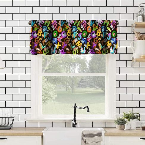 Alphabet ABC Kitchen Curtain Valance, Colors Cartoon Style ABC Alphabet Kid Rod Pocket Window Valance, for Bedroom Living Room Cafe Bathroom 1 Panels W54xL18in in Saudi Arabia