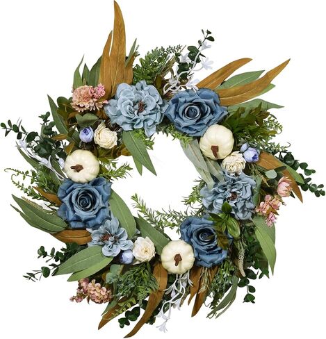 Beinhome Fall Wreath for Front Door, 20 Inch Artificial Autumn Eucalyptus Leaves Pumpkin and Rose Peony Wreath for Home Farmhouse Porch Window Decor, Harvest Thanksgiving Indoor Outdoor Decoration in Kuwait