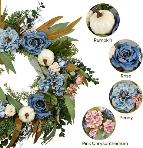 Beinhome Fall Wreath for Front Door, 20 Inch Artificial Autumn Eucalyptus Leaves Pumpkin and Rose Peony Wreath for Home Farmhouse Porch Window Decor, Harvest Thanksgiving Indoor Outdoor Decoration in Kuwait