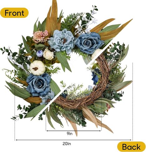 Beinhome Fall Wreath for Front Door, 20 Inch Artificial Autumn Eucalyptus Leaves Pumpkin and Rose Peony Wreath for Home Farmhouse Porch Window Decor, Harvest Thanksgiving Indoor Outdoor Decoration in Kuwait
