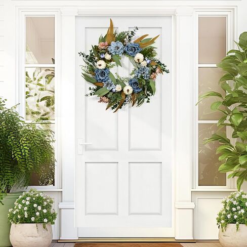 Beinhome Fall Wreath for Front Door, 20 Inch Artificial Autumn Eucalyptus Leaves Pumpkin and Rose Peony Wreath for Home Farmhouse Porch Window Decor, Harvest Thanksgiving Indoor Outdoor Decoration in Kuwait