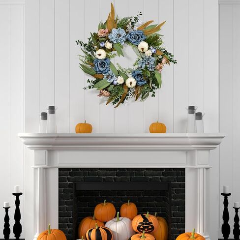 Beinhome Fall Wreath for Front Door, 20 Inch Artificial Autumn Eucalyptus Leaves Pumpkin and Rose Peony Wreath for Home Farmhouse Porch Window Decor, Harvest Thanksgiving Indoor Outdoor Decoration in Kuwait