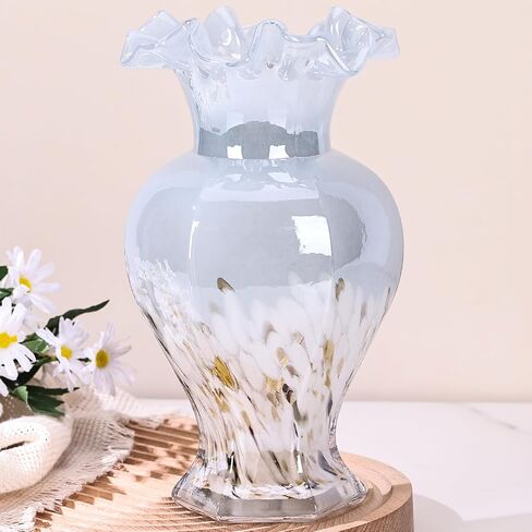 9.5" Tall Blue Glass Vase Beautiful Hand Blown Glass Decor Flowers Vases for Centerpieces, Modern Murano Glass Art Colorful Blue and White Vase, for Home Decor Table Entryway Wedding Decoration in Saudi Arabia