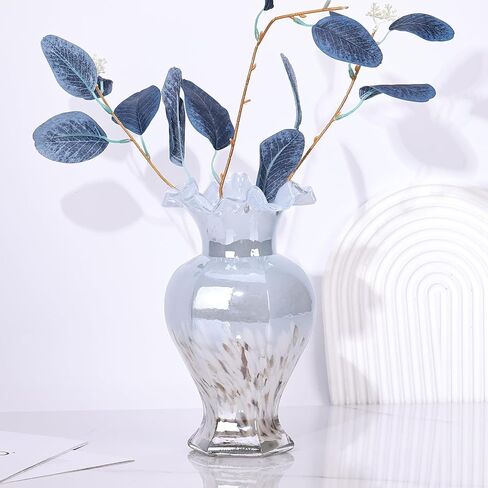 9.5" Tall Blue Glass Vase Beautiful Hand Blown Glass Decor Flowers Vases for Centerpieces, Modern Murano Glass Art Colorful Blue and White Vase, for Home Decor Table Entryway Wedding Decoration in Saudi Arabia
