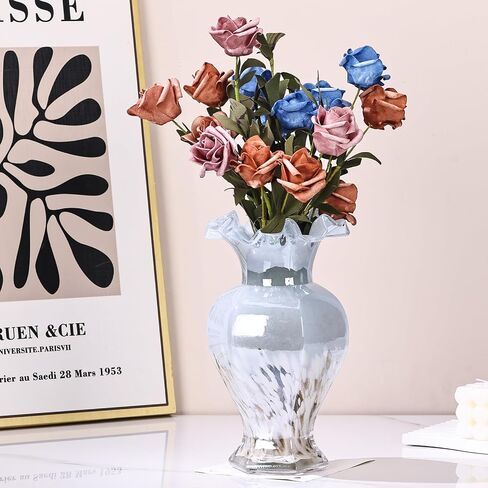 9.5" Tall Blue Glass Vase Beautiful Hand Blown Glass Decor Flowers Vases for Centerpieces, Modern Murano Glass Art Colorful Blue and White Vase, for Home Decor Table Entryway Wedding Decoration in Saudi Arabia
