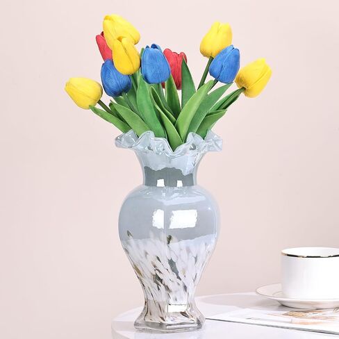 9.5" Tall Blue Glass Vase Beautiful Hand Blown Glass Decor Flowers Vases for Centerpieces, Modern Murano Glass Art Colorful Blue and White Vase, for Home Decor Table Entryway Wedding Decoration in Saudi Arabia
