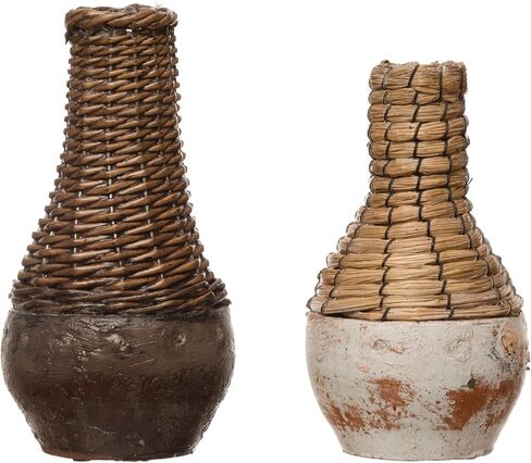 Creative Co-Op Hand-Woven Rattan & Clay, Distressed Finish, 2 Colors (Each One Will Vary) Vases, Multi in Saudi Arabia