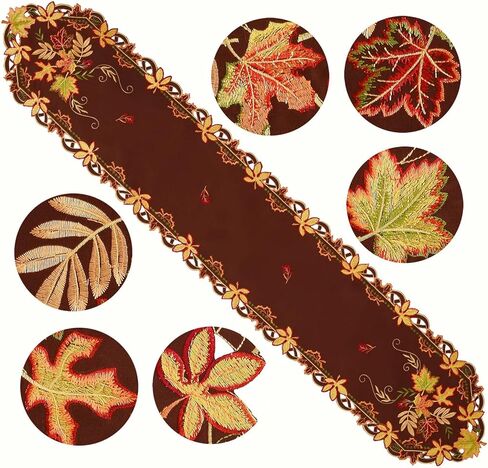 Simhomsen Embroidered Thanksgiving Maple Leaves Coffee Brown Table Runners for Autumn or Fall Decorations (13 × 69 inches) in Saudi Arabia