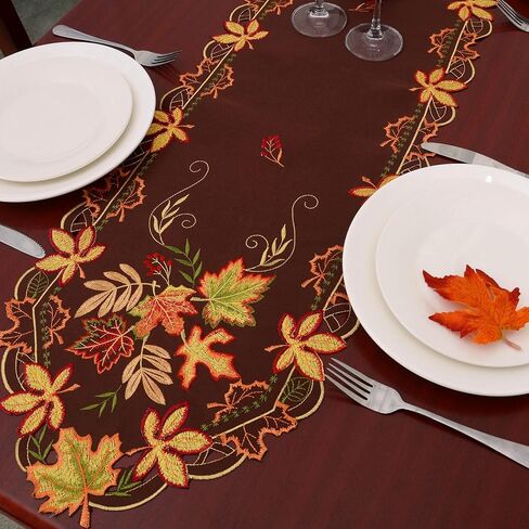 Simhomsen Embroidered Thanksgiving Maple Leaves Coffee Brown Table Runners for Autumn or Fall Decorations (13 × 69 inches) in Saudi Arabia