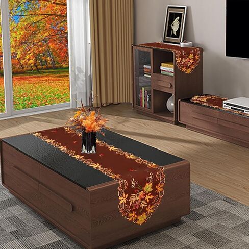 Simhomsen Embroidered Thanksgiving Maple Leaves Coffee Brown Table Runners for Autumn or Fall Decorations (13 × 69 inches) in Saudi Arabia