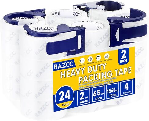 شريط التعبئة RAZCC، 24 لفة شريط تغليف شفاف عالي التحمل مع موزعات لتعبئة البريد المتحرك، شريط إغلاق أكثر سمكًا - 1.88 بوصة × 65 ياردة لكل لفة، إجمالي 1560 ياردة in Kuwait