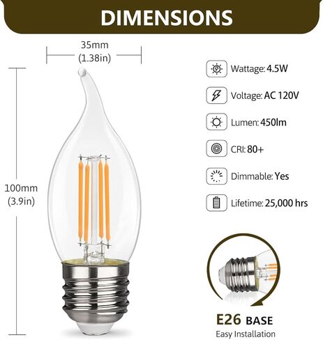 B11 E26 LED Candelabra Bulbs 4W(40 Watt Equivalent) 2700K Warm White 450lm dimmable LED Filament Chandelier Light Bulbs Clear Glass Candle Lamp for Ceiling Fan Home Decor 6 Pack in Kuwait