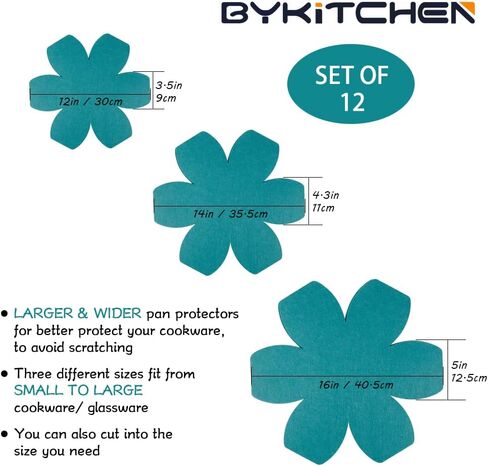 BYKITCHEN Pot and Pan Protectors, Set of 12 and 3 Different Sizes, Larger & Thicker Felt Pan Protector Pads, Cyan Pot Separators Protectors for Stacking and Protecting Your Cookware in Saudi Arabia