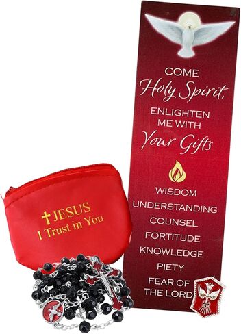 Confirmation Gift Set for Boys, Black Rosary with Pouch, Lapel Pin, and Wall Plaque, Thoughtful Catholic Gifts in Saudi Arabia