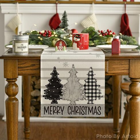 Artoid Mode Grey Stripes Pine Trees Merry Christmas Table Runner, Winter Xmas Holiday Kitchen Dining Table Decoration for Home Party Decor 13x72 Inch in Saudi Arabia