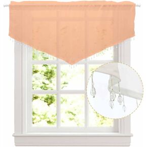 Peach Fuzz Beaded Sheer Curtain Valance, Farmhouse Sheer Valance with Tassels for Window Treatments, Solid Pink Color Modern Art Decorative Sheer Valance for Living Room, 52" x 18", 3 Pieces