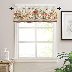 Valance for Windows Curtain Kitchen Valances with Rod Pocket, Vintage Fall Mushroom Flower American Rural Style Short Valance Curtains for Living Room Bathroom Bedroom 60"x18"