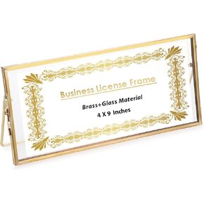 JUXYES Tabletop Business License Frame Brass License Certificate Display Frame, Double Glass Floating Picture Frame, Desktop Golden Frame for 4x9 and 3.5x8.5 Certificate Business Licenses