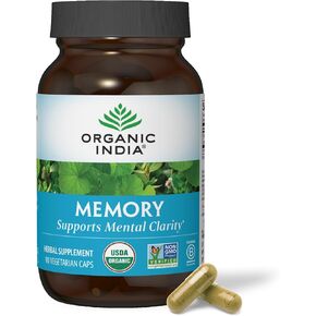 ORGANIC INDIA Memory Herbal Supplement - Supports Mental Clarity & Healthy Nervous System, Immune Support, Vegan, Gluten-Free, Kosher, USDA Certified Organic, Non-GMO - 90 Capsules