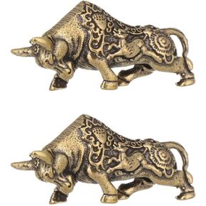 2 Pcs Brass Bull Figurine, Miniature Cow Ox Statue Sculpture, Animal Figurines Cake Topper Feng Shui Home Decor