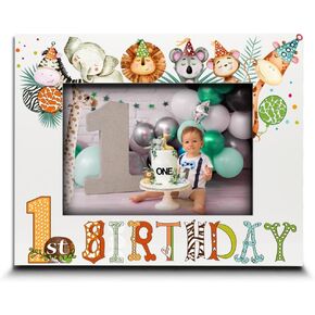 BELLA BUSTA-1st Birthday Picture Frame-Safari Animal Birthday Theme- Little One's First Year -UV Print Photo Frame (5x7 VERTICAL)