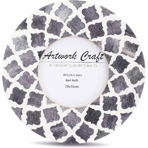 Handmade Bone Round Picture Photo Frame Chevron Star Art Inspired Vintage Table-Top/Wall Décor Circle Frames (Gray 4x4 inches)
