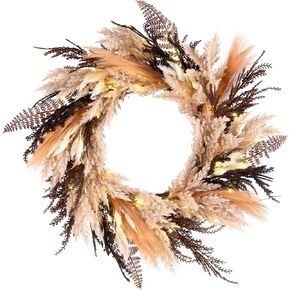 National Tree Company Pre-Lit Artificial Orange and Black Pampas Wreath, 30 Warm White LED Lights, Battery Operated, 26 inch