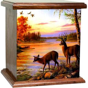 Majestic Deer in The Forest Memorial Wood Cremation Urn, Hunting Scenery with Deer and Elk Funeral Urns with Personalization