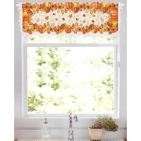 Thanksgiving Ruffled Valances for Kitchen,Fall Pumpkin Maple Leaves Semi Sheer Short Curtains Rod Pocket Valance with Ruffle,Orange Chiffon Window Treatment for Kitchen Bedroom Windows 54"x18"