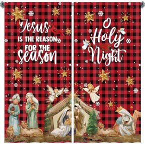 Peryiter Christmas Curtains 83 x 81 Inch Winter Bedroom Window Drapes Tree Xmas Curtains for Living Room Curtain for Farmhouse Bathroom Kitchen Village(Nativity Scene Holy Night)