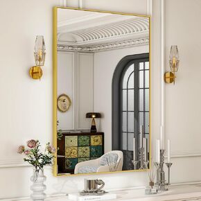 HARRITPURE Right Angle Top Corner 30 "x48 Bathroom Mirror Gold Aluminium Alloy Frame Rectangle Explosion Proof Glass Mirror Hanging Entryway Wall Mirror Bedroom Decorative Mirror Living Room