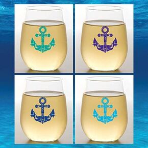 مجموعة من 4 قطع من البلاستيك الساحلي المضاد للكسر 16 أونصة من كأس النبيذ بدون جذع (ANCHORS AWAY)