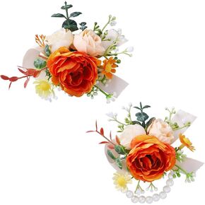 Campsis Corsage and Boutonniere Set Orange Corsage Wristlet Flower Men Boutonniere Set Prom Wrist Corsage for Wedding and Homecoming(2Pcs)