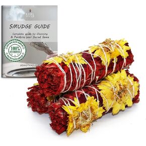 Floral White Sage Smudge Sticks with Flowers 3 Pack for Cleansing Home, Meditation, Yoga, Healing and Smudging | Sustainably Sourced California White Sage Bundles (Red Romance)
