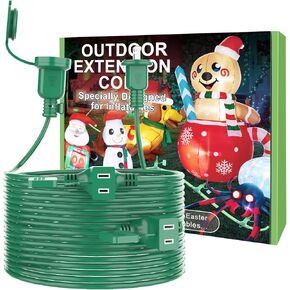 50FT Long Green Extension Cord 3 Outlets for Christmas Inflatables Blow Ups Yard Outdoor Outside Decorations Extension Cords with Multiple Outlets Plugs Cover Splitter Waterproof for Christmas Lights