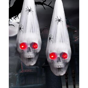 2 Packs Halloween Hanging Decorations Outdoor Skull with 2 Spiders, Lighting Red Eyes, Haunted House Skull Head, Glowing Eyes Creepy Red Eyes for Outside Yard Tree Decors