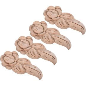 uxcell 4pcs Rose Shape Wood Appliques Onlays Decorative Wood Carved Appliques for Furniture Bed Door Fireplace Decoration, 13cm Length