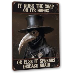 Retro Gothic Plague Doctor Wash Your Hands Tin Sign for Wall, Gothic Halloween Bathroom Decor, 8 X 12 Inches Metal Tin Poster