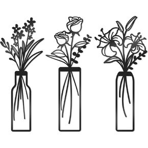 3 Pcs Large Black Metal Flowers and Vases Wall Decor Farmhouse Metal Flowers Wall Art Minimalist Art Flower Arrangement for Living Room Bedroom or Kitchen (Black, Floral A)