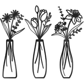 3 Pcs Large Black Metal Flowers and Vases Wall Decor Farmhouse Metal Flowers Wall Art Minimalist Art Flower Arrangement for Living Room Bedroom or Kitchen (Black, Floral A) in Kuwait
