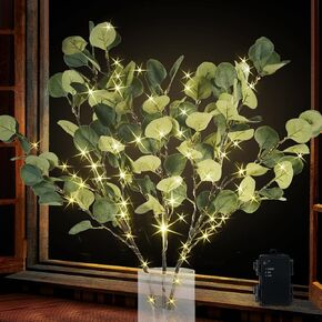 Bexdir Lighted Eucalyptus Branches with Timer, Lighted Branches 33IN 99 LED,Vase Artificial Light, Eucalyptus Night Light, Artificial Plant for Home Spring Party Wedding Decor-Battery Operated