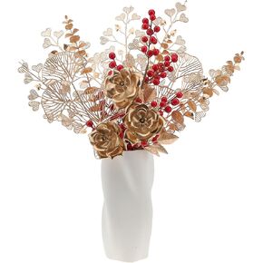 11Pcs Gold Artificial Eucalyptus Stems Ginkgo Leaves Rose Flower Simulated Berries Branches DIY Bouquet Plant Decor Christmas Party Table Centerpiece