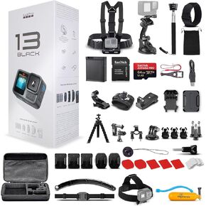 GoPro HERO13 (Hero 13) Black Waterproof Action Camera with 5.3K HDR Video, 27MP Photos, 1/1.9" Image Sensor, Webcam, Live Streaming, Stabilization with 64GB Card & 50 Piece Accessory Kit Bundle