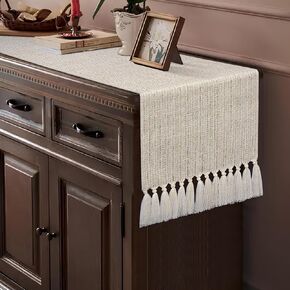Boho Runner for Dresser Top Short, Rustic Farmhouse Coffee Table Runner 48 Inches Long, Beige Linen Dresser Runners Cover Top for Bedroom, Nightstand, End Table, Fall Table Decor (13 x 55 Tassels)