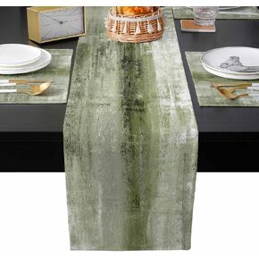 Sage Green Oil Painting Table Runner with Placemats Set of 6, Modern Abstract Art Ink Retro Cotton Linen Kitchen Dining Mats Tablerunner 13"x70", Table Mats Set for Living Room/Dresser/Dining Table