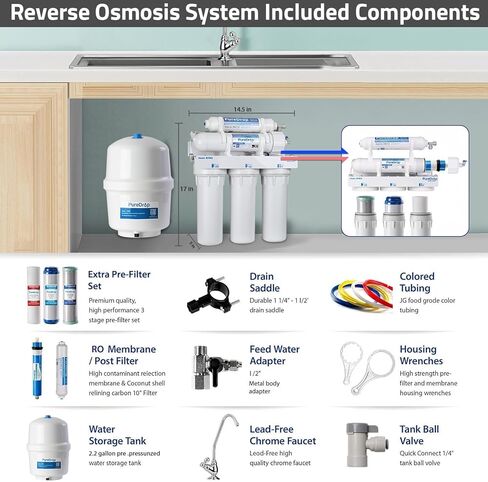 RTW5 5 Stage Reverse Osmosis Water Filter System with Faucet and Tank - TDS Reduction Under Sink RO Water Filtration Plus Extra 3 Filters, 50 GPD, White in Saudi Arabia