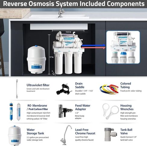 RTW5 5 Stage Reverse Osmosis Water Filter System with Faucet and Tank - TDS Reduction Under Sink RO Water Filtration Plus Extra 3 Filters, 50 GPD, White in Saudi Arabia