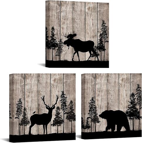 Apicoture Rustic Cabin Wall Decor Elk Bear Moose Picture Wildlife Canvas Wall Art Forest Animal Paintings Hunting Framed Decor 12"x12"x3 Pieces in Saudi Arabia