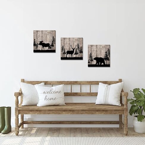 Apicoture Rustic Cabin Wall Decor Elk Bear Moose Picture Wildlife Canvas Wall Art Forest Animal Paintings Hunting Framed Decor 12"x12"x3 Pieces in Saudi Arabia